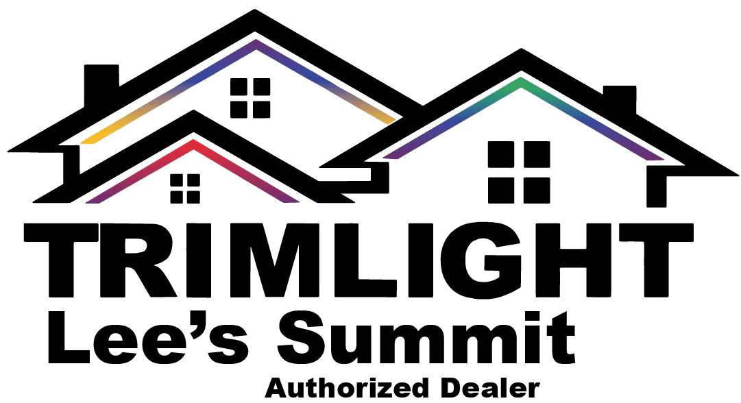 Logo with two stylized houses outlined in black, featuring rainbow-colored rooflines. Below, bold text reads TRIMLIGHT Lees Summit with Authorized Dealer in smaller font underneath.
