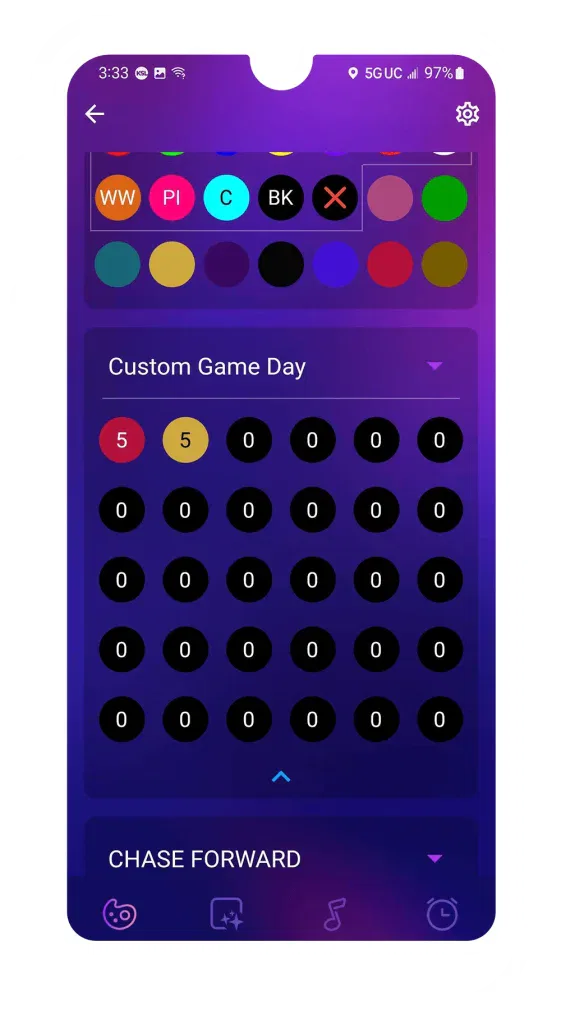 A smartphone screen displays a colorful app interface with circular color icons at the top and a “Custom Game Day” section showing two red circles marked “5” among black circles with zeros. The background is purple.