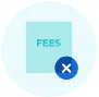 A light blue square labeled FEES with a dark blue circle containing a white X overlapping the lower right corner, all on a light circular background.