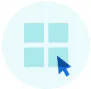 A blue mouse cursor points to the bottom-right square of a 2x2 grid of light blue squares on a circular light blue background.