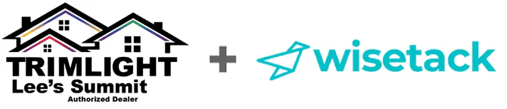 Trimlight Lees Summit Authorized Dealer logo with two stylized houses next to the Wisetack logo, featuring a blue paper airplane icon and text; a plus sign separates the two logos.