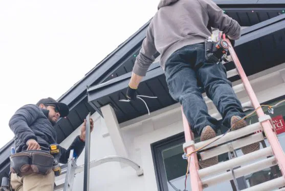 Attached image file Two workers on ladders install wiring under the eaves of a house. One holds tools and wiring, while the other stands on a ladder, reaching up to the roof. Both appear to be wearing tool belts and work clothing.