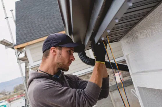 A man wearing a cap and gloves installs or repairs a rain gutter on the side of a house, using tools and cords, with a focus on the roofline and exterior siding.